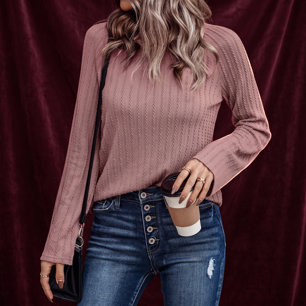 Dusty pink ribbed knit crewneck sweater, front, studio