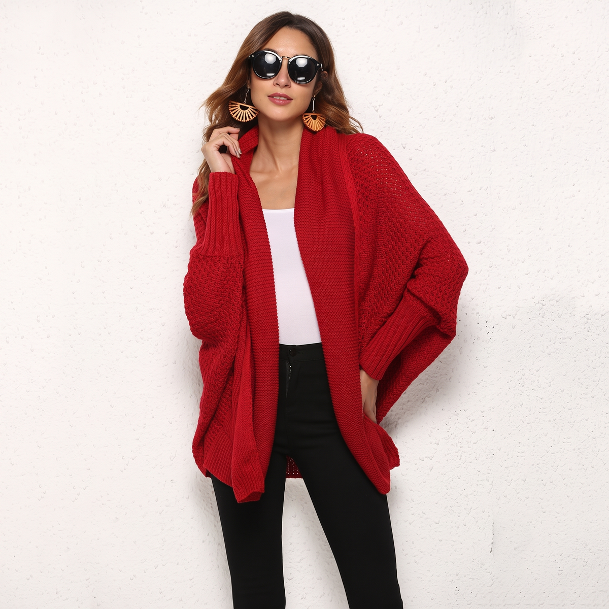Red open-front knit cardigan, front, studio