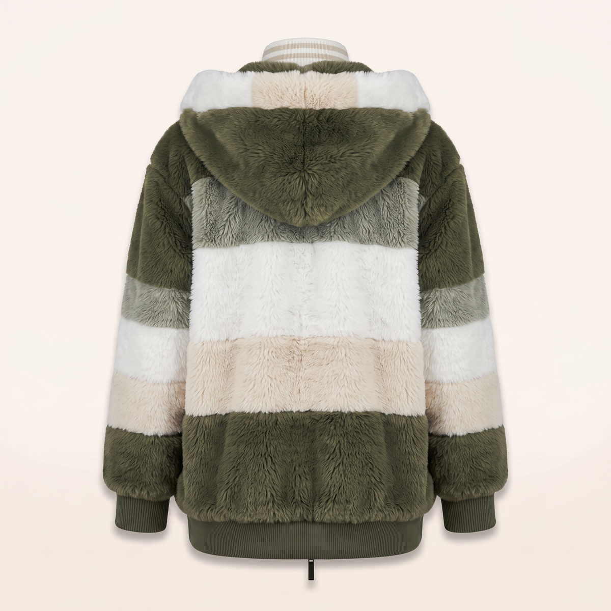 Army Green faux fur teddy coat, back, studio
