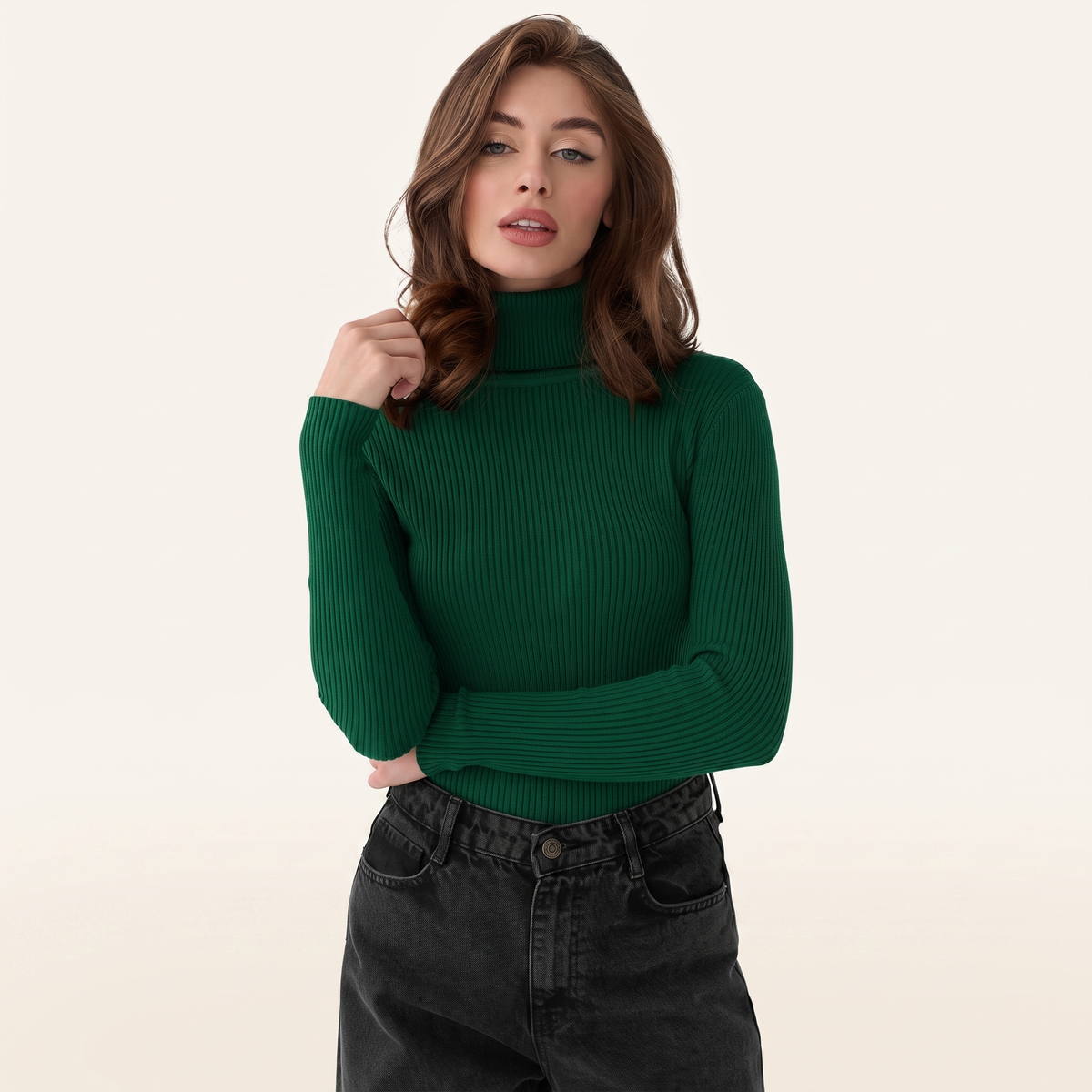 Dark Green turtleneck knit pullover, front, studio