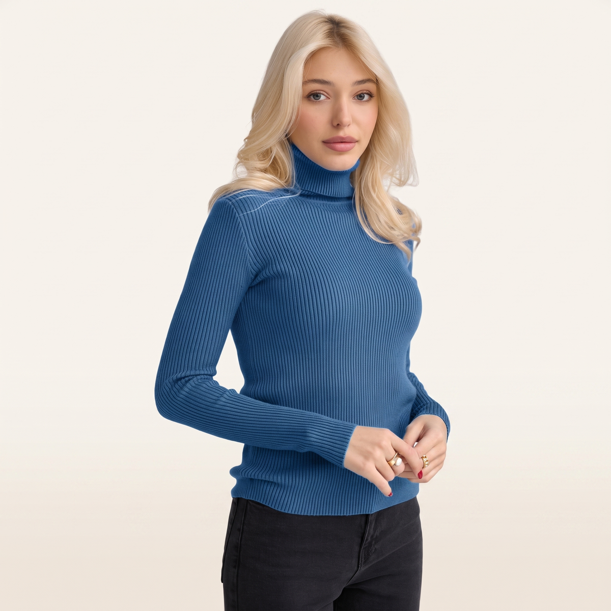 Denim Blue turtleneck knit pullover, front, studio