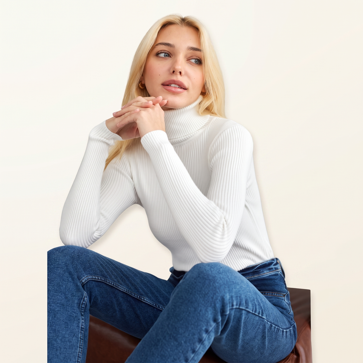 White turtleneck knit pullover, front, studio