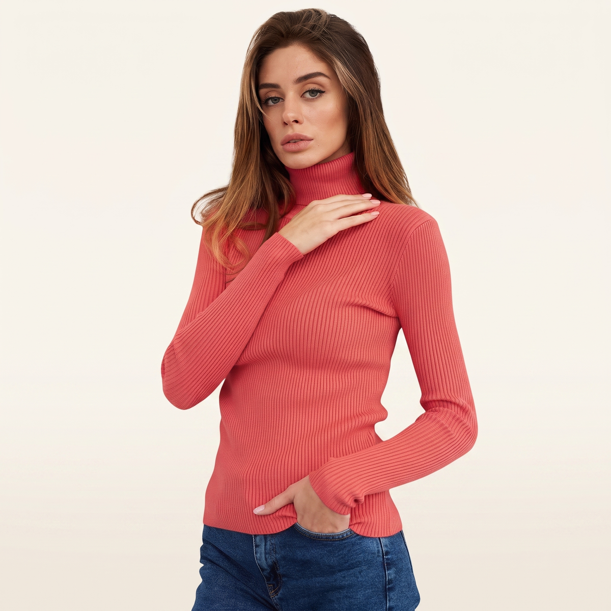 Watermelon Red turtleneck knit pullover, front, studio